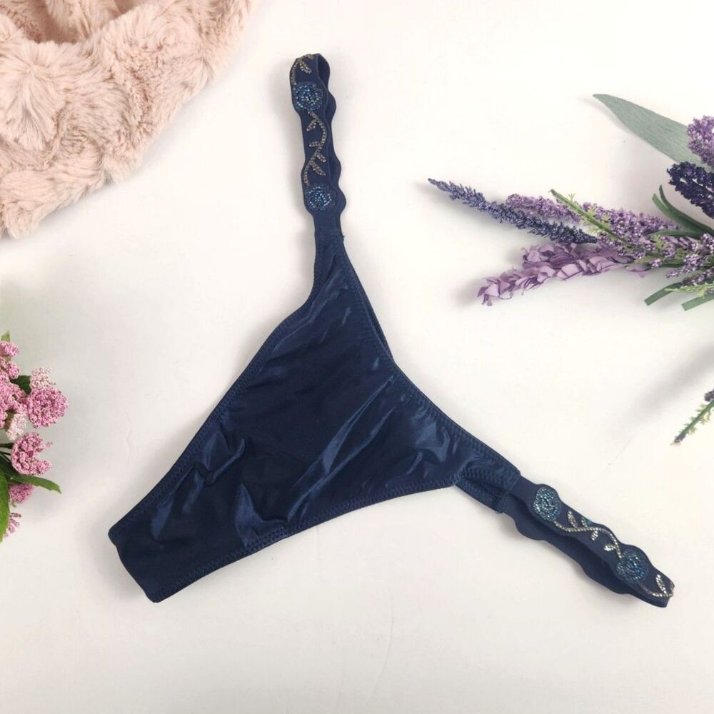 SMALL {Victoria's Secret} Blue {Rhinestones} Flowers Thong